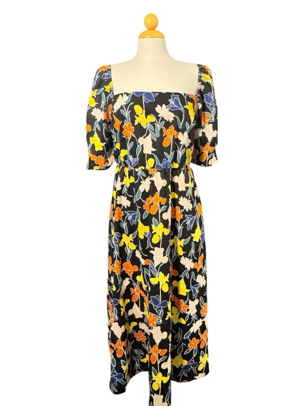 NWT Black Floral Square-Neck Midi Dress with Puff Sleeves